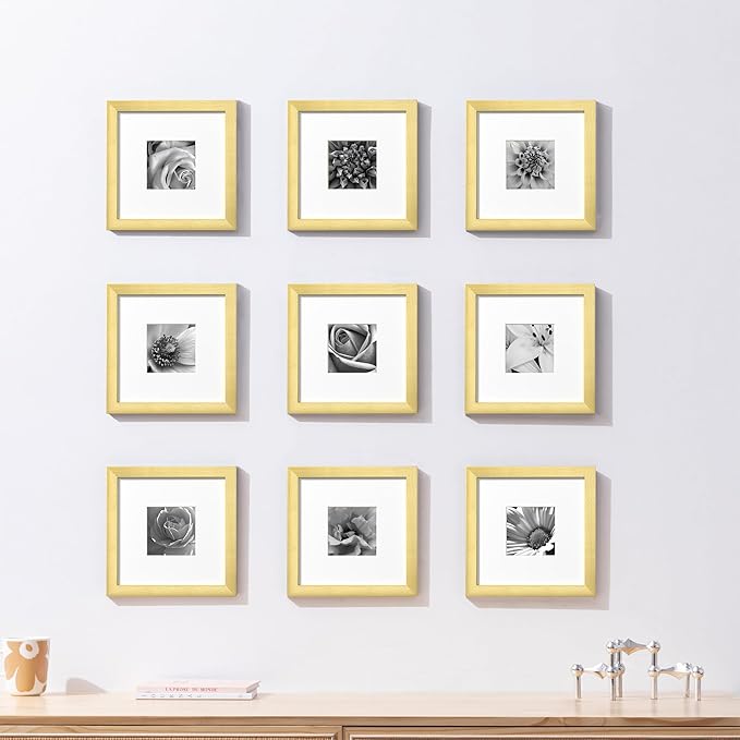 eletecpro 8x8 Picture Frames Set of 9 with Mat for 4x4 Photos or without Mat for 8x8, Square Gallery Wall Decor Collage for Picture Display, Gold Frame Set for Wall Hanging
