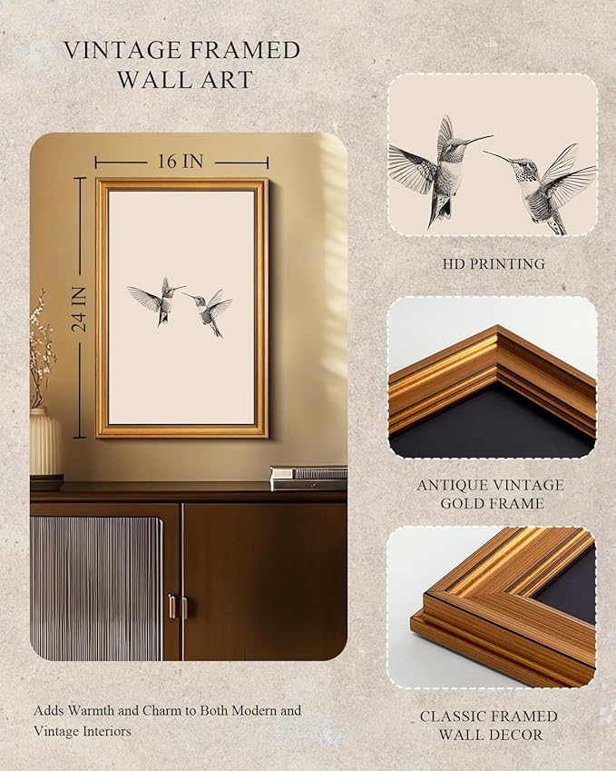 InSimSea Gold Framed Canvas Prints Wall Art, Vintage Birds Decor, Two Hummingbirds Sketch Paintings Farmhouse Large Wall Decor Aesthetic, Minimalist Pictures for Bedroom Living Room, 16x24inch