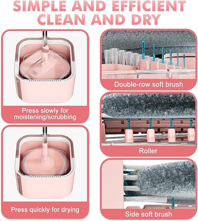 KZKR Square Spin Mop and Bucket Set with Self Separation Dirty and Clean Water System,Self Wringing 360° Rotating Mops Head for Home Floors Cleaning (2.0 mop Bucket Set with 6 Pads, Pink)