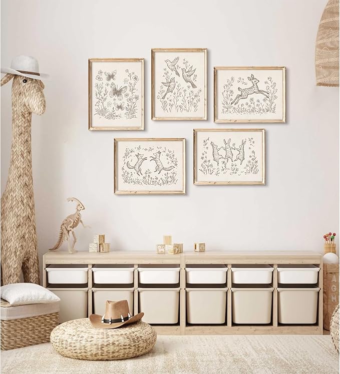 Nursery Woodland Animal Wall Art Baby Boy Canvas Wall Decor Vintage Forest Animal Art Prints Kids Room Poster Cottagecore Deer Fox Pictures Painting Neutral Artwork for Bedroom 12x16x5 Inch Unframed