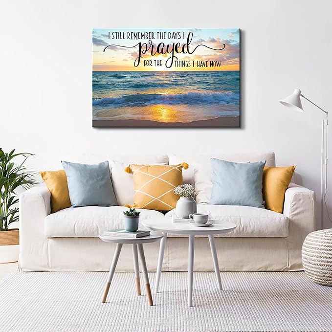 Scripture Wall Art Beach Wall Decor I still Remember The Days I Prayed Canvas Prints Pictures Sunset Ocean Painting Inspirational Religious Artwork for Bedroom Living Room Home Decorations 32x48"