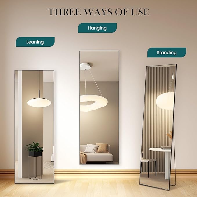 DUMOS Full Length Mirror with Stand Floor Standing Aluminum Frame for Bedroom Body Hanging Leaning Modern Simple Home Decor Shatter-Proorf Nano Glass Wall Living Room Cloakroom Black 59"x16"