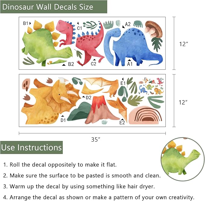 Yovkky Baby Dinosaur Wall Decals Stickers, Dino Volcano Cave Neutral Nursery Toddler Playroom Decor, Kids Room Home Decorations Girls Boys Bedroom Classroom Daycare Art