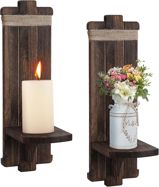Farmhouse Wall Decor Candle Sconces - 2 Pcs Vintage Rustic Handmade Wooden Wall-Mount Candle Holders for Bedroom Living Room Bathroom Home Hanging Art Decorations Accessories Gifts, Brown