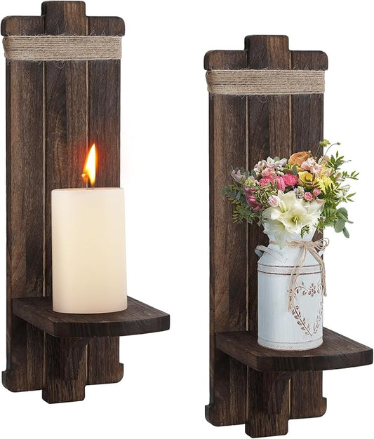 Farmhouse Wall Decor Candle Sconces - 2 Pcs Vintage Rustic Handmade Wooden Wall-Mount Candle Holders for Bedroom Living Room Bathroom Home Hanging Art Decorations Accessories Gifts, Brown