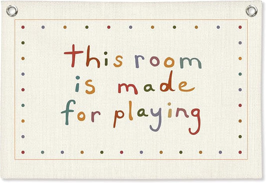 Playroom Decor Wall Banner "This Room Was Made For Playin'" 20x30 Inch - Nursery Canvas Art, Kids Bedroom Hanging, Linen Toddler Play Area Sign, Children's Canvas Flag Decor