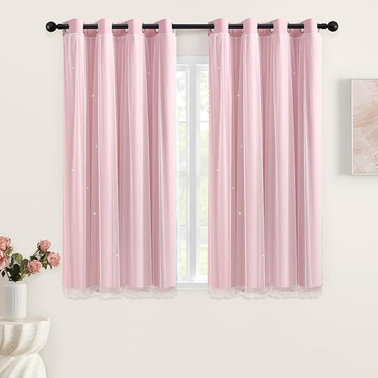 XiDi Light Pink Blackout Curtains for Girls Bedroom Living Room 63 Inches Long 2 Panels Hollow Star Nursery Kids Thermal Insulated Room Darkening Drapes Grommet Noise Reducing Window Curtains 34x63