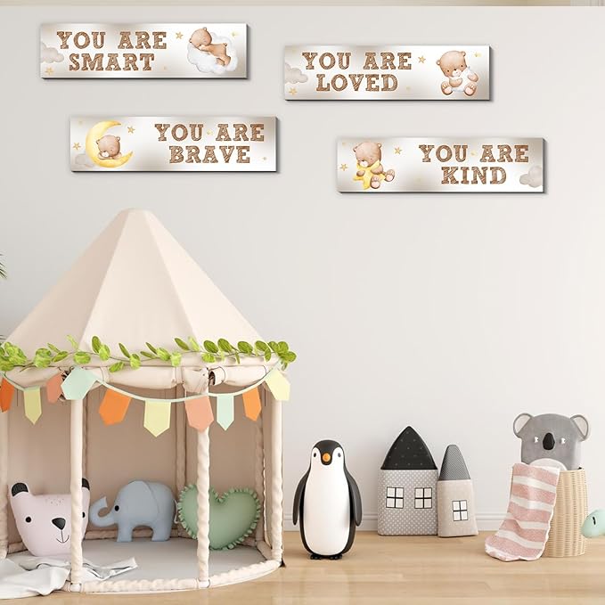 Bear Nursery Wall Decor,Wooden Bear Wall Art for Baby Boy,4PCS Cute Boy Room Decor for Nursery Themes Bathroom Living Room Classroom Home Decoration,Perfect Gifts for Birthday Baby Shower
