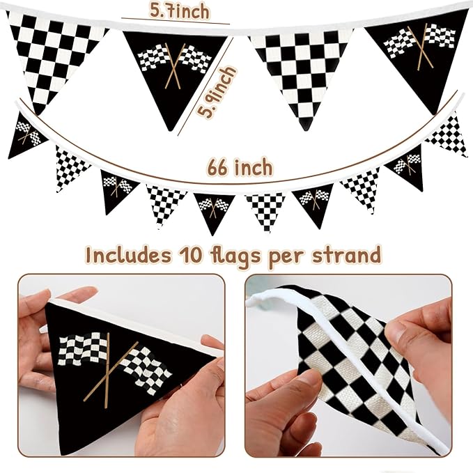 Lacama Car Room Decor,Boys Room Wall Art Decor for Toddler Nursery Playroom, Black and White Checkered Garland Triangle Banners,Racing Flags Bunting Flags Fabric for Baby Shower Birthday Party，Kidroom