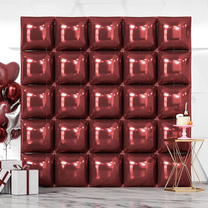NISOCY 25PCS Maroon Square Foil Balloons Wall Backdrop Double Sided Brown Red Balloon Arch Kit for Birthday Wedding Valentine Engagement Anniversary Candlelight Dinner Party Decoration