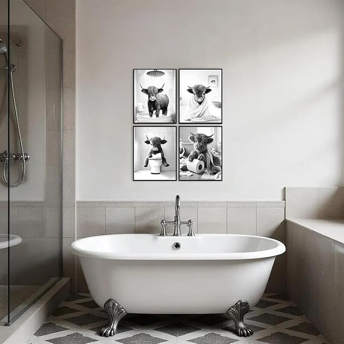 Western Cow Bathroom Decor Wall Art,Funny Highland Cow Wall Art in Restroom,Black and White Wall Decor,Highland Cow Canvas Art Prints,Rustic Retro Bathroom Wall Decor Humor Animals Artwork Prints,11x14inchx4pcs,Unframed