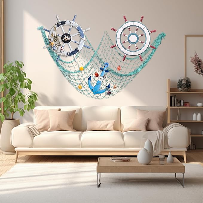 2 PCS Fish Net Decorations, 80 x 40 Inch, Ocean Themed Party Decor Beach, Nautical Wall Hanging Fishing Net for Coastal Bedroom, Bathroom, or Under The Sea Party Decorations (Aqua)