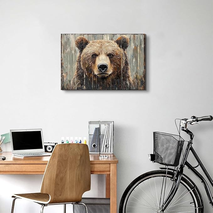Farmhouse Wall Decor Bear Wall Art Rustic Animal Heads Pictures Funny Animal Canvas Prints Nature Wildlife Portrait Painting Modern Artwork for Kid Bedroom Living Room Home Decoration 16x24"