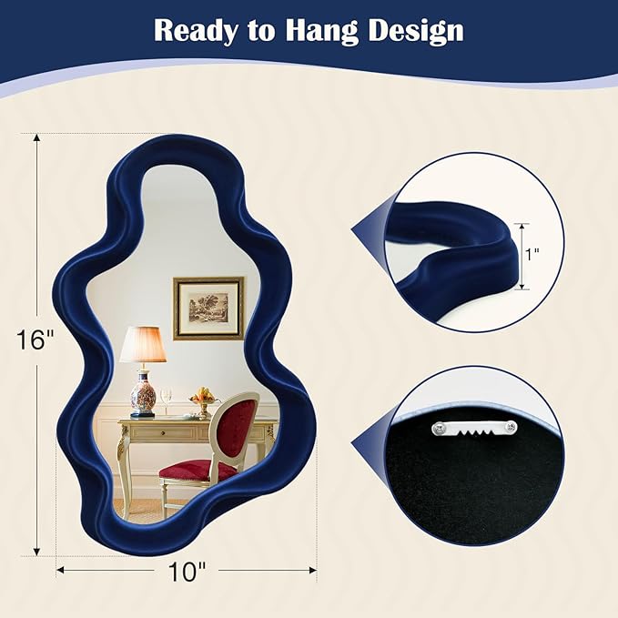 Irregular Wall Mirror Living Room Decor, Decorative Wavy Funky Mirrors with Flocking Touch, Modern Asymmetrical Mirror for Hallway Entryway Staircase Bathroom Bedroom (Dark Blue)