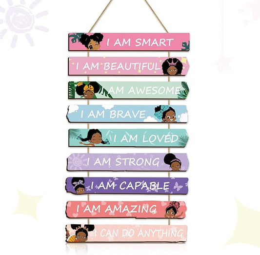 Set of 9 Black Girl Wall Art Decor Wood Motivational Girl Room Wall Art Rainbow Color Positive Inspirational Hanging Sign for Baby Kids Teen Present Bedroom Nursery Decoration