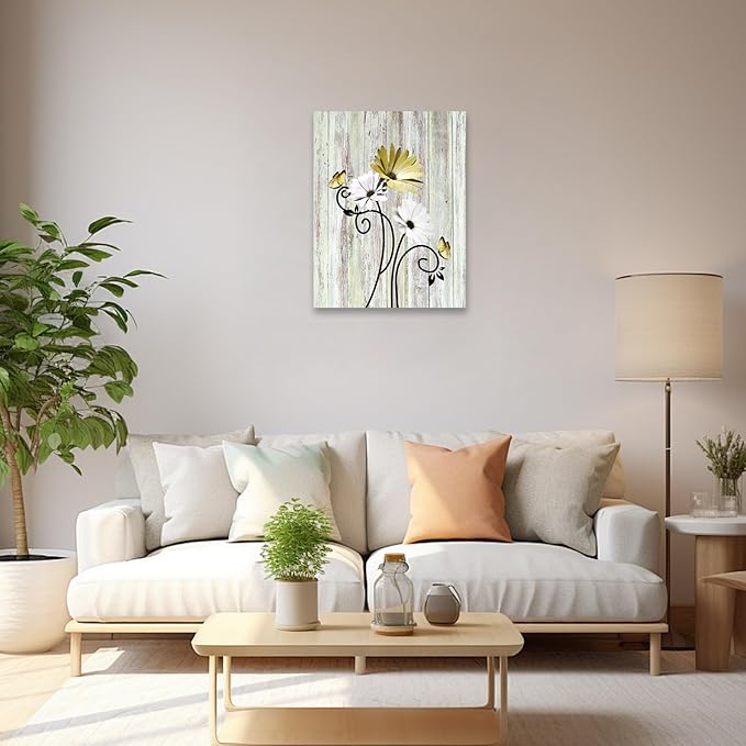 HVEST Yellow Floral Wall Art Rustic Yellow Daisy and Butterfly Aesthetic Botanical Painting Farmhouse Flower Wall Art for Bathroom Living Room Bedroom Kitchen Decor Ready to Hang, 16Lx12W Inches