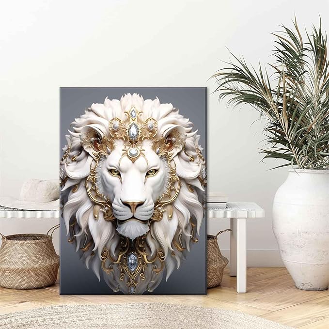 White Lion Canvas Wall Art Wild Animal Portraits Avatar Pictures Painting Decor Modern Large Gold Diamond Beast Posters Prints for Dining Living Room Bedroom Home Decoration