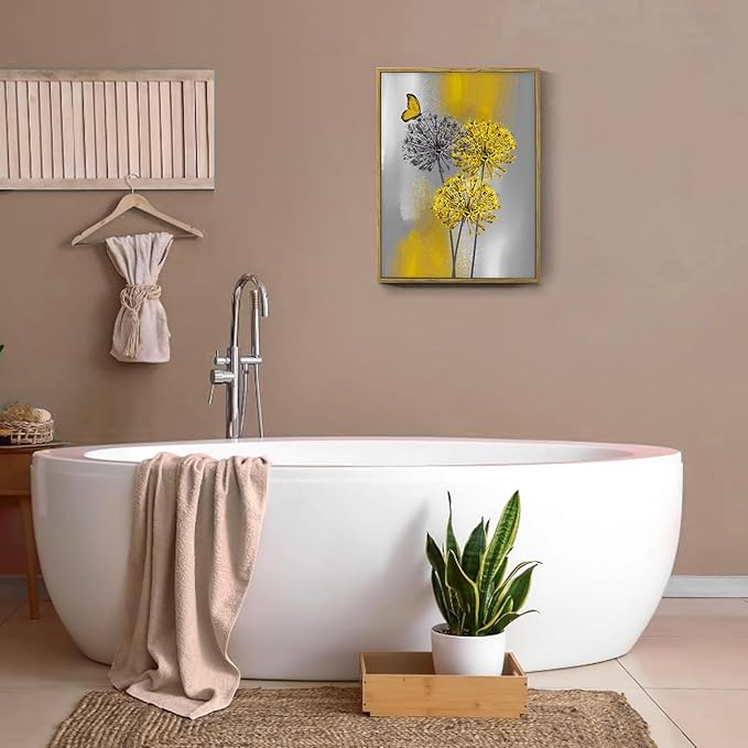 LB Yellow Dandelion Framed Wall Art with Butterfly - Modern Yellow Grey Canvas Wall Art for Home Contemporary Aesthetic Wall Decor for Home, Ready to Hang 17x12 Inch, Living Room Bedroom Bathroom Decor