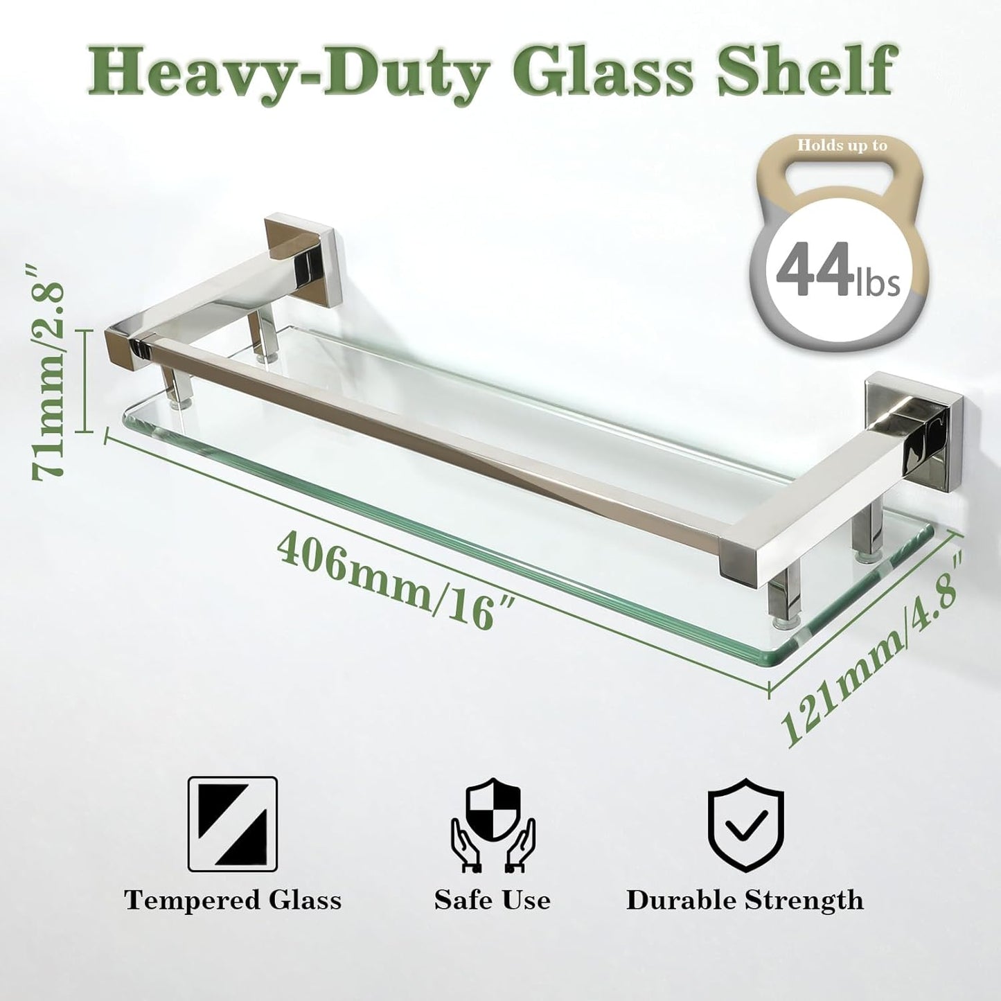 Alise Bathroom Glass Shelf with Stainless Steel Railing, Polished Chrome Small Tempered Glass Floating Wall Shelf Over The Toilet, 16 inch