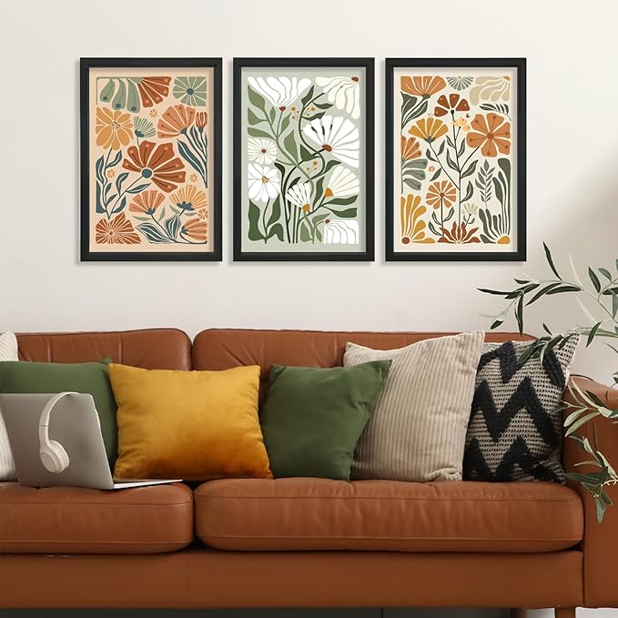 YWJKWLGS Wildflowe Floral Botanical Wall Art Print, Boho Flower Wall Decor, 3 Piece, 16x24 Inch, Modern Abstract Wood Framed for Home Living Room Master Bedroom Bathroom Office (Black)
