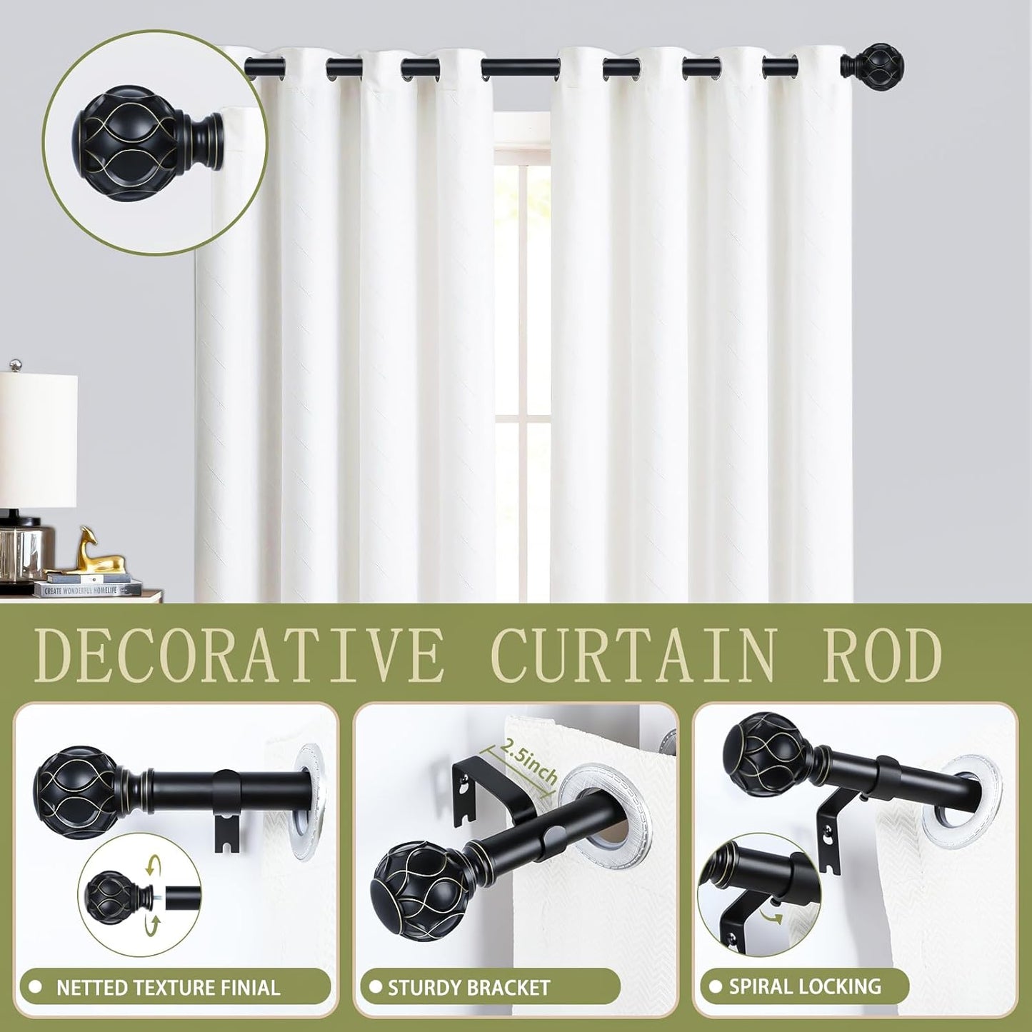 Black Adjustable Curtain Rods for Windows:Farmhouse Heavy Duty Curtain Rod for Bedroom Living Room,Boho Decorative Rustic Drapery Rods with Vintage Coastal Finials,Matte Black 2 Pack 36-88"