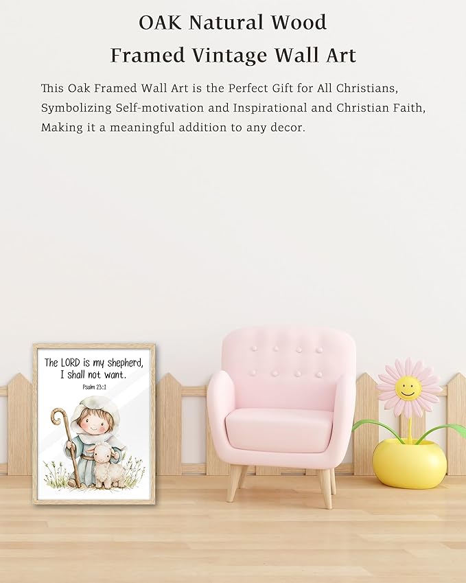KensTro Natural OAK Wood Nursery Decor Framed Wall Art,12x16in Inspirational Christian Bible Verse Wall Art,The LORD is My Shepherd,I Shall Not Want Psalm 23:1 Print for Boys Girls Bedroom Decor 1Pack