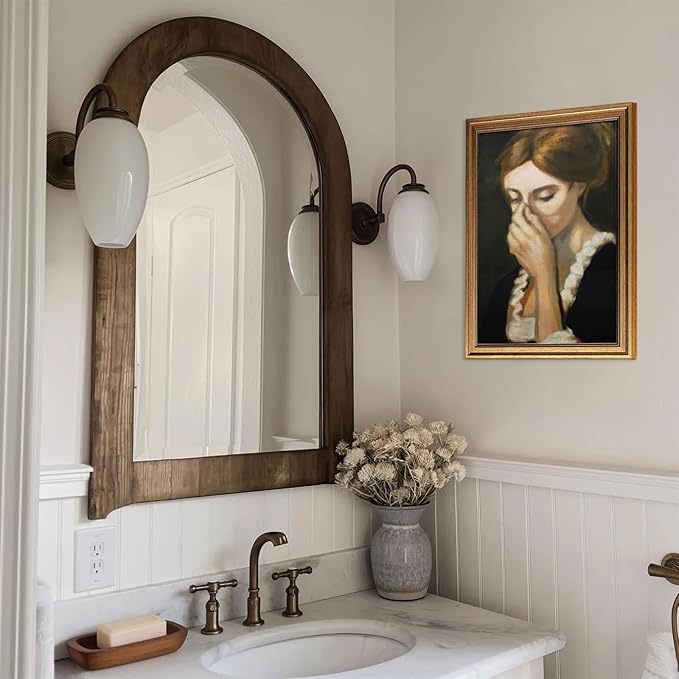 Aroutde Framed Funny Bathroom Canvas Wall Art, Gold Framed Toilet Paint Classical Mid Century Style Wall Decor Humorous Woman Covering Nose Printing for Restroom (24L''x16W'')