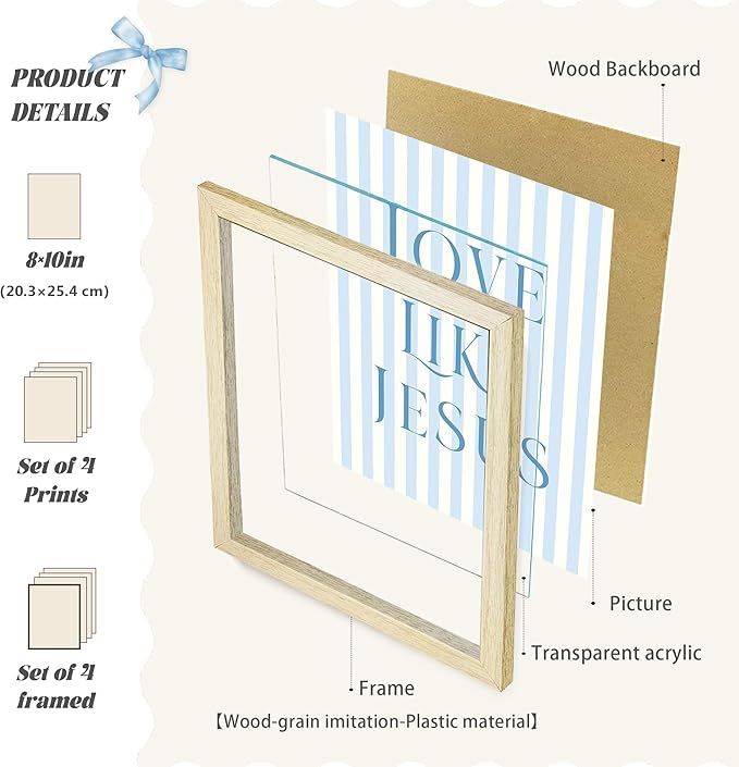 LARTSFRO Coquette Blue Bow Jesus Wall Art Decor Posters, Light Blue Bow Room Bedroom Bathroom Dorm Wall Art Decor Aesthetic for College Teen Girls Gifts, Inspirational Bible Verses Bow Wall Decor, 10x8 Inch Set of 4 Bow Pictures (WOOD-GRAIN IMITATION F...