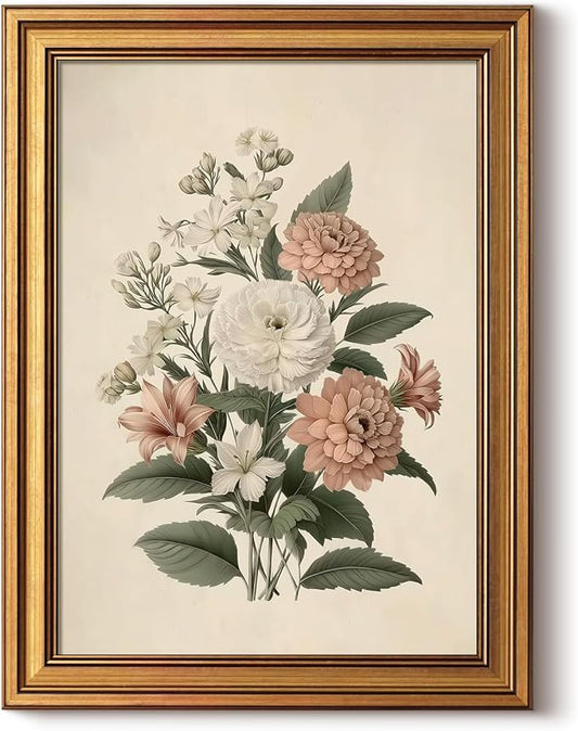 InSimSea Gold Framed Canvas Prints Wall Art, Vintage Colour Floral Prints Decor, Floral Botanical Paintings Farmhouse Wall Decor, Antique Pictures for Bedroom Living Room Shelf, 12x16inch