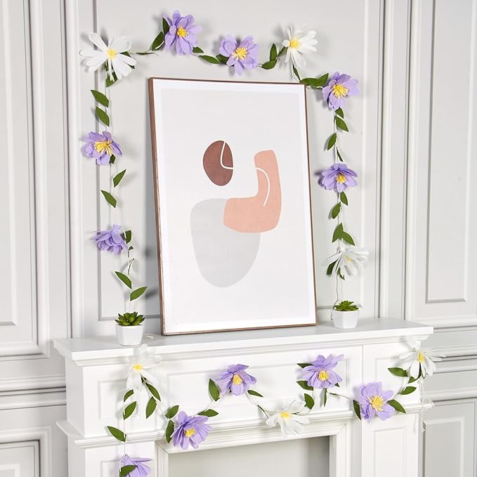EASY JOY Crepe Paper Flowers Banner White Purple Spring Flower Garland Hanging Paper Florid Garland Leaves Banner for Spring Birthday Wedding Home Decorations