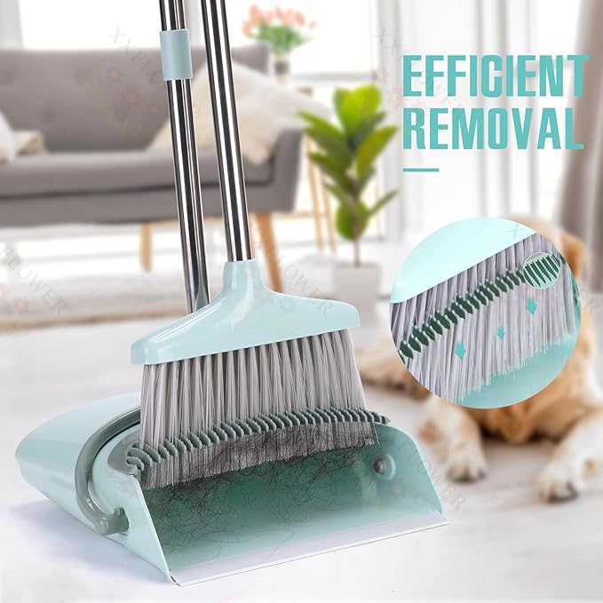 XXXFLOWER Broom and Dustpan Set with Cleaning Teeth, 55" Long Handle Indoor Sweeping Combo for Home Office Kitchen, Bluish Green