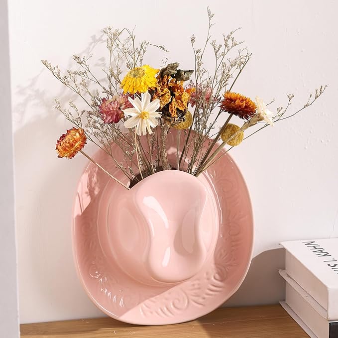 Hanging Wall Planters for Indoor Plants, Wall Vases for Flowers, Ceramic Cowboy Hat Vases for Decor, for Bathroom, Living Room, Office, and Home Decor.Light Pink Medium