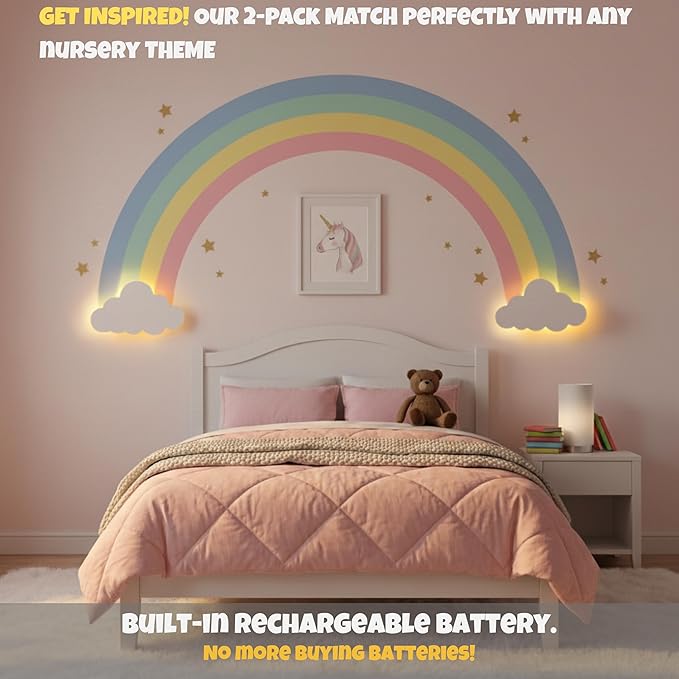 Cloud Wall Lights 2 Pack for Nursery – Dimmable & Rechargeable Night Lights for Baby Room Decor (Star Decals Included)