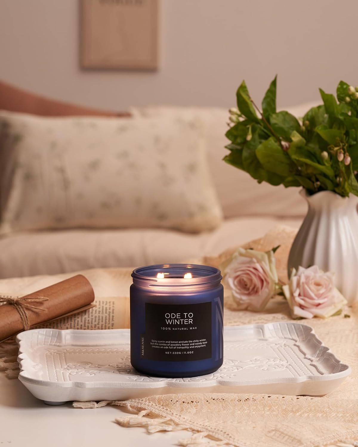 M&SENSE Ode to Winter - Lavender Sandalwood Scent 11.6oz Natural Soy Wax Non Toxic Candle, Up to 70 Hours Burn Time Winter Scents, 2 Cotton Wick Jar Candle Home Scented Gift