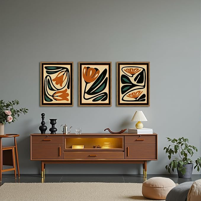 Mid Century Floral Wall Art Set of 3, Modern Abstract Botanical Wall Decor Picture, Vintage Boho Eclectic Plant Canvas Prints Paintings for Bedroom Living Room 12x16 inch Framed
