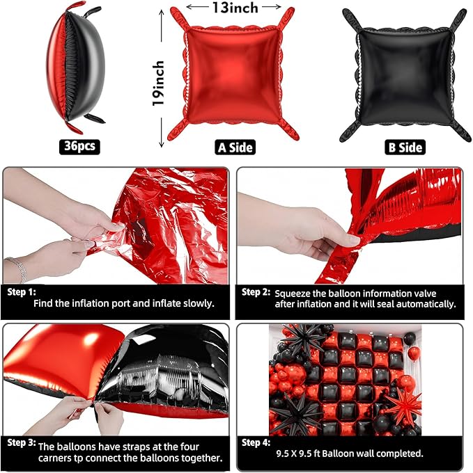 36pcs Red and Black Square Foil Balloons Wall Backdrop with 147pcs Balloon Garland Arch Kit, Double Sided Balloons for Birthday Prom Anniversary New Year Graduation BBQ Casino Party Decorations