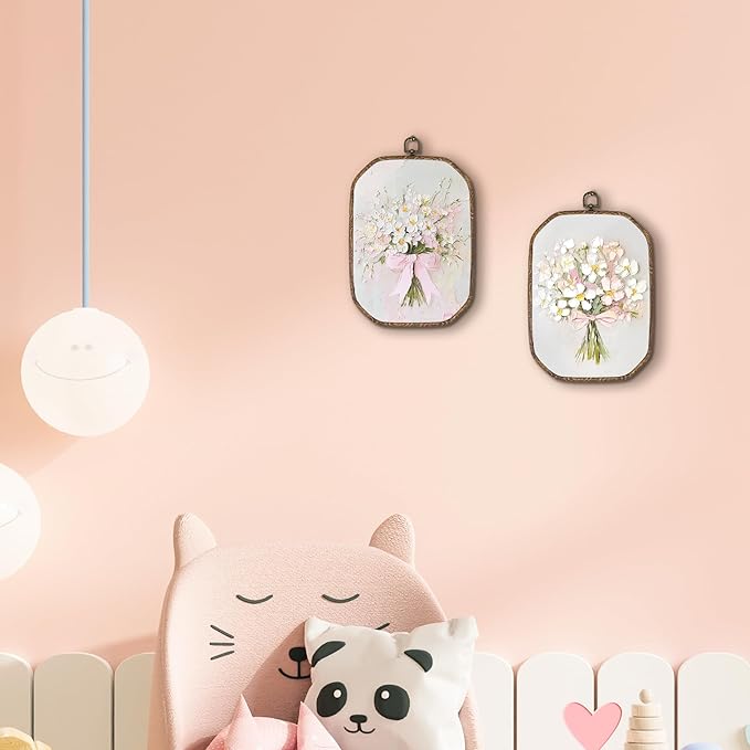 Hxlac Vintage Pink Bow Floral Bouquet Rectangular Wall Art Framed Set of 2, White Floral Rectangular Wall Decor, Spring Flower Hanging Canvas Prints Wall Sculptures for Bedroom Decor, 7.1x10.2 Inch