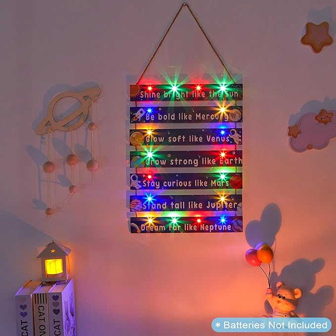 FIOBEE Girls Room Décor for Teen Girls Boys with LED Light Wall Decor for Bedroom Motivational Inspirational Wall Art Girl Room Decoration for Kids Studyroom, 8 Kinds of Lights, Navy Space