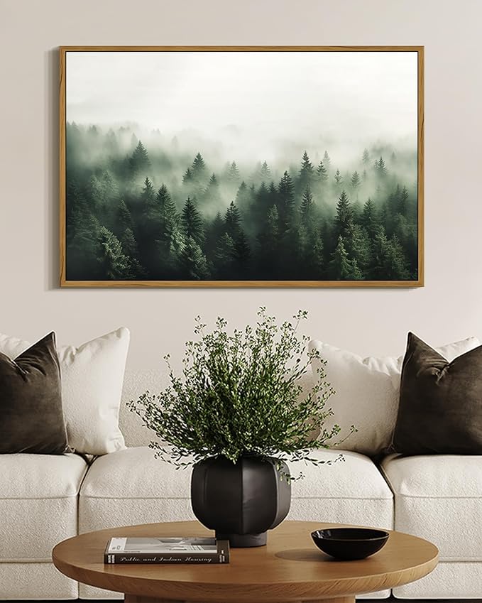 SHENIFY Green Fog Pine Tree Forest Vintage Framed Wall Art Modern Landscape Scenery Farmhouse Artwork Prints Decor for Hallway Living Room Bedroom Dining Room - 16x24in Natural Framed