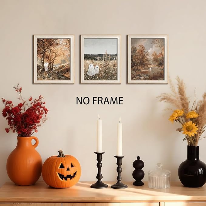Mynotix Funny Halloween Poster Set of 7, Cute Ghost Country Landscape Wall Art, Vintage Haunted Forest Canvas Painting Print Pictures for Bedroom Living Room Dorm Unframed 12x16 inch