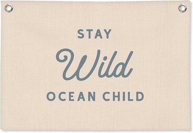 Nursery Wall Decor,Stay Wild Ocean Child Coastal Linen Canvas Banner, Nursery Decor Hanging Flag Kids Room Playroom Nursery Wall Art, Retro Classroom Coastal Room Decor, 30x20 Inch