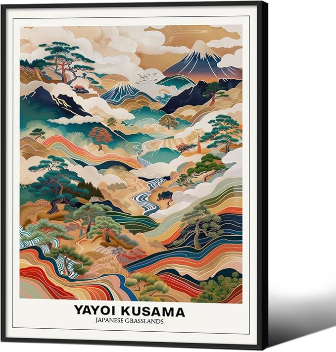 Vintage Yayoi Kusama Grasslands Posters Japanese Wall Art Yayoi Kusama Abstract Landscape Canvas Print for Stylish Room Bedroom Living Room Gallery Decor 11x14in Black Framed