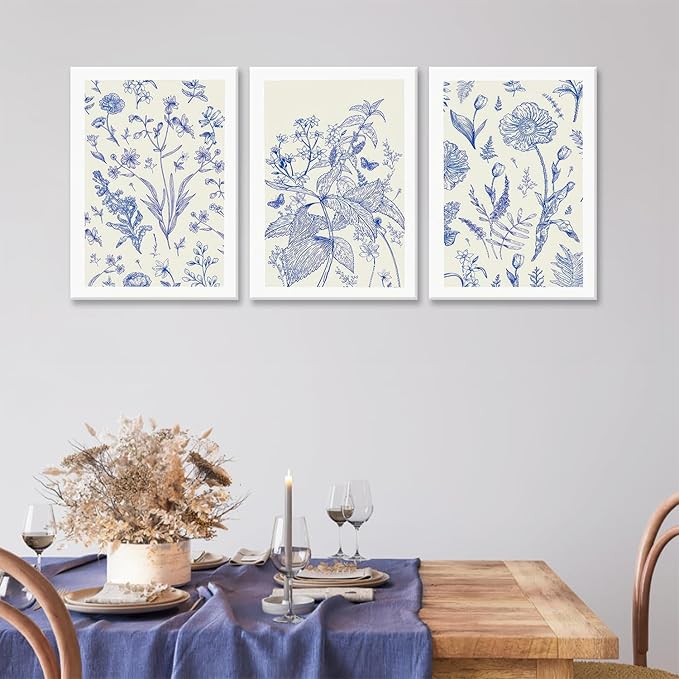 LYPHNX Framed Blue White Chinoiserie Floral Canvas Wall Art Navy Watercolor Flower Painting Posters Set of 3 Minimalist Botanical Wildflower Prints Picture Home Decor for Bedroom Living room 12"x16"