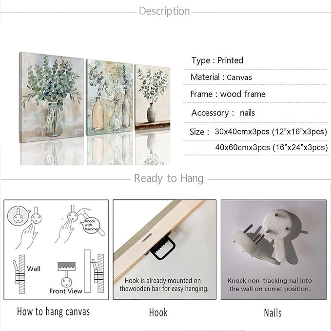 AOYUSMO 3 Piece Sage Green Eucalyptus Vase Canvas Wall Art for Kitchen Boho Botanical Framed Wall Art Floral Farmhouse Neutral Prints Artwork For Dining Room Living Room 16"x24"