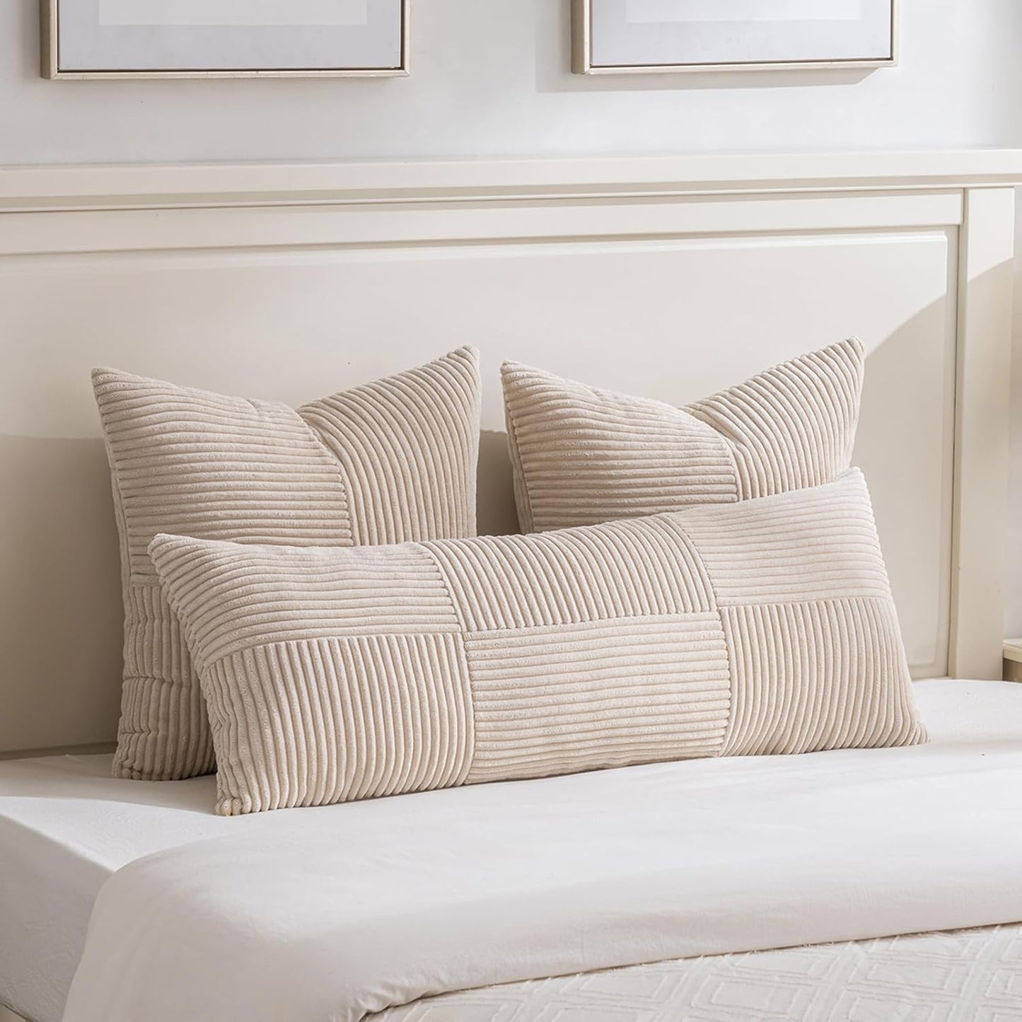 Fancy Homi 2 Packs Tan Decorative Throw Pillow Covers 22x22 Inch for Living Room Couch Bed Sofa, Rustic Farmhouse Boho Home Decor, Soft Corss Corduroy Patchwork Accent Beige Cushion Case 55x55 cm