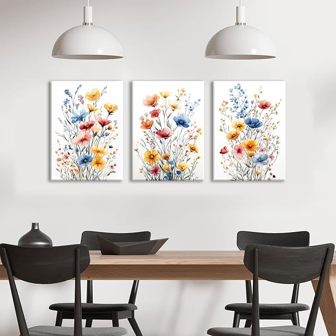okudolit Colorful Wildflower Framed Canvas Wall Art Set Of 3 Flowers Pictures Prints Flowers Printing Floral Watercolors Flower wall Decor Living Room Bedroom Dinning Room Farmhouse Office-12x16in