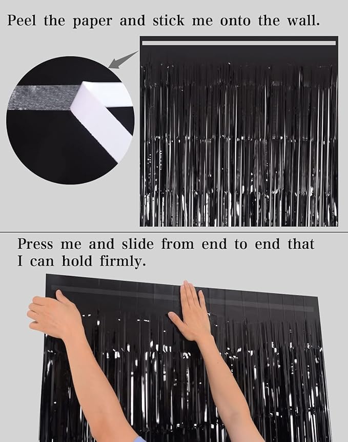 Black Foil Fringe Curtains Party Decorations – 3 Pack 3.2 x 8.2 ft Shiny Black Tinsel Curtain Backdrop for Birthday, Graduation & Photo Booth, Easy to Install