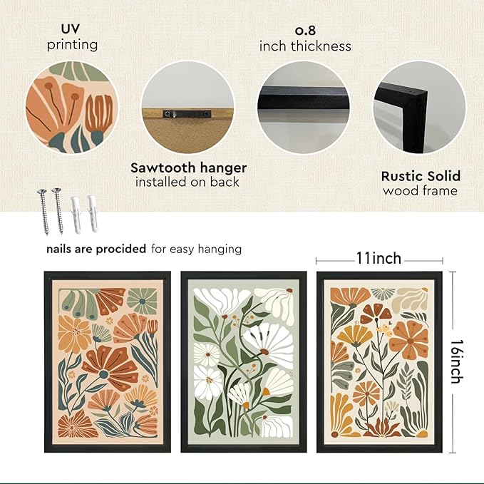 YWJKWLGS Wildflowe Floral Botanical Wall Art Print, Boho Flower Wall Decor, 3 Piece, 11x16 Inch, Modern Abstract Wood Framed for Home Living Room Master Bedroom Bathroom Office (Black)