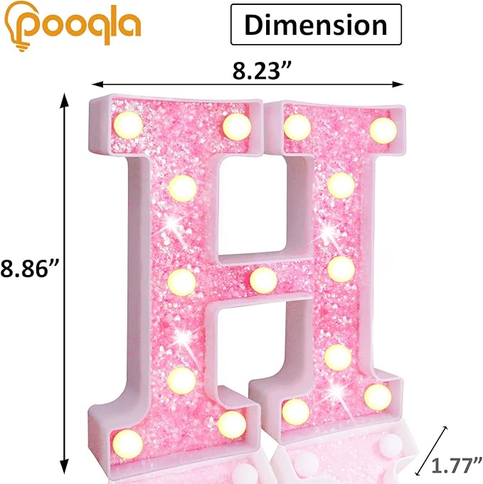 Pooqla LED Marquee Letter Lights, Light Up Pink Letters Glitter Alphabet Letter Sign Battery Powered for Night Light Birthday Party Wedding Girls Gifts Home Bar Christmas Decoration, Pink H