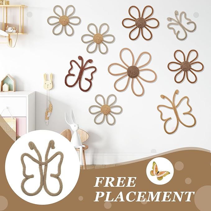 Wesiti 9 Pcs Boho Nursery Decor 3 Size Daisy Flower and Butterflies Woven Macrame Wall Hanging for Home Nursery Bedroom Dorm Wall Art(Retro Color)